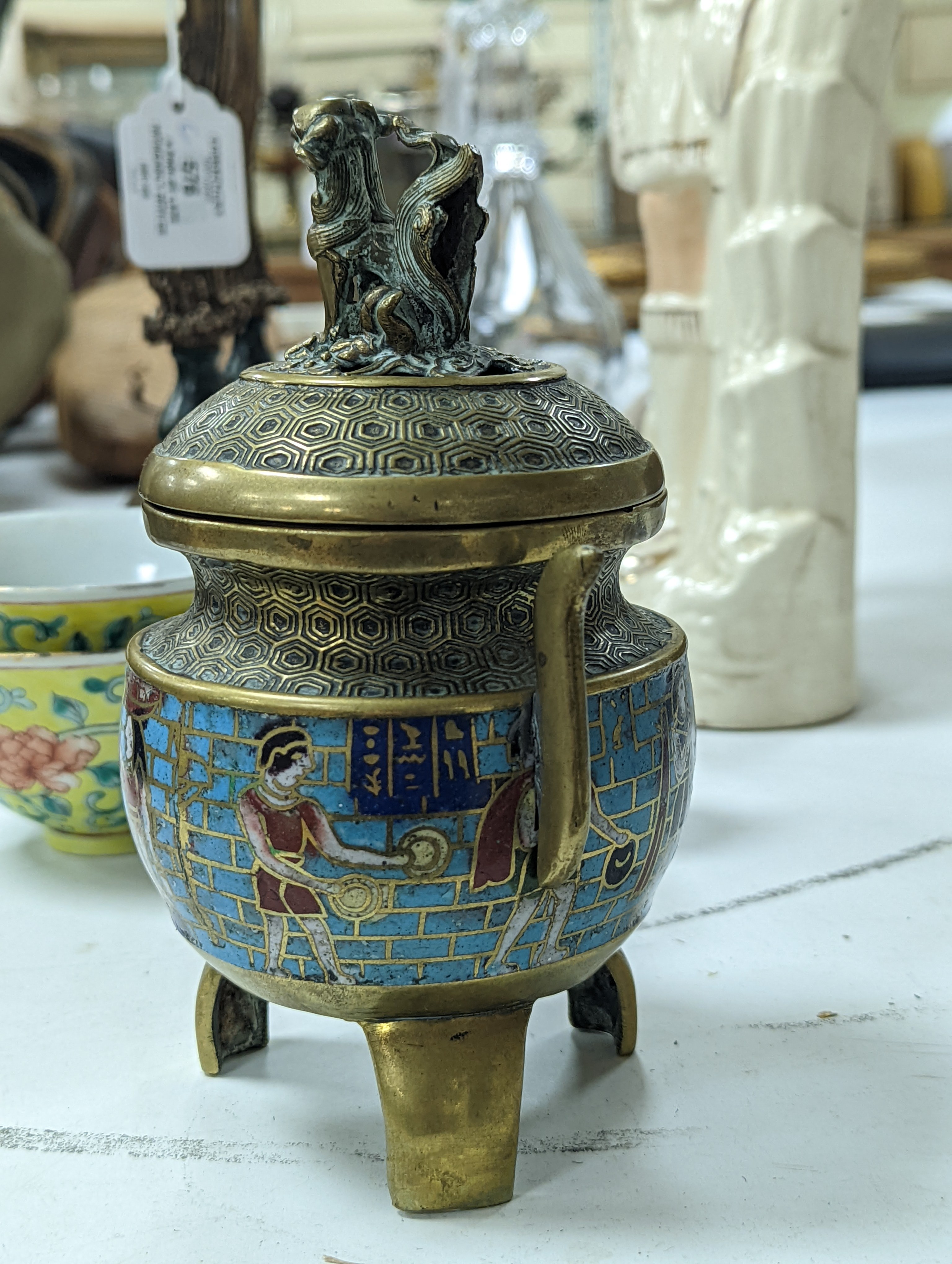 A group of Chinese porcelain, 19th /20th century, to include a pair of yellow ground bowls, 10.8 cm diameter, a blue and white vase, Xuande mark, a similar bowl and vase, and a champleve enamel bronze koro and cover